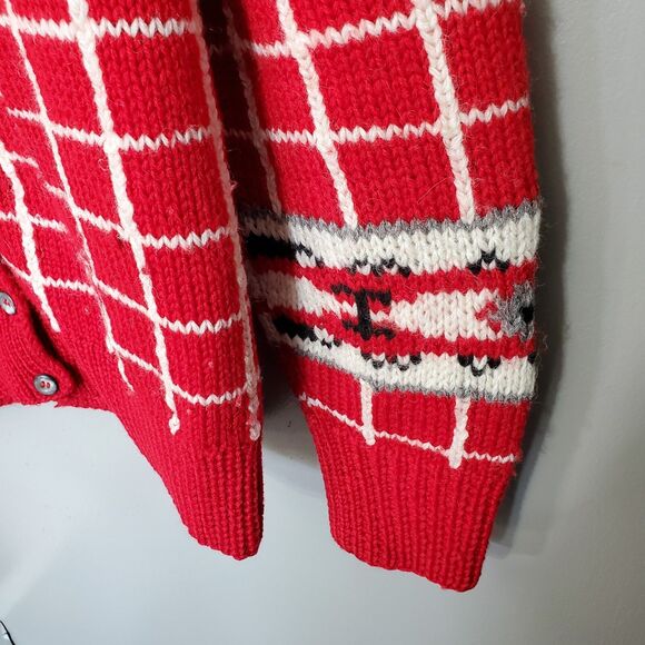 Vintage Lands' End Cardigan Sweater Womens Size Large Red Grid Floral Wool Knit - Picture 4 of 10